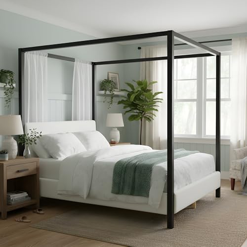 LUMISOL Queen Size Metal Canopy Bed with Upholstered Headboard, view 4