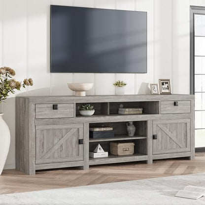 Farmhouse TV Stand for Tv Up to 80 Inches, 70 in Long Entertainment Center with 4 Storage Drawers & 3 Open Shelf, Television Consoles Stands for Living Room, Bedroom-Antique Grey
