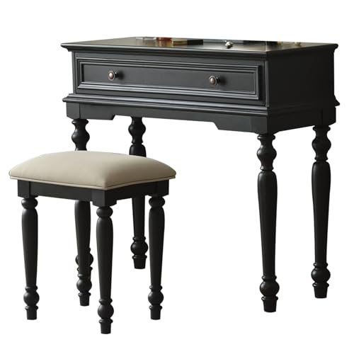 American Style Dressing Table and Chair Set Small Apartment with Drawers for Girls Women(Black)