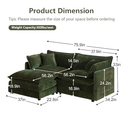 76.7" Green L Shaped Cloud Couch, Modern Chenille Modular 2 Seater Loveseat Sofa with Movable Ottoman, Deep Seat Sectional Couch with Pillows for Small Place, Living Room Apartment Office