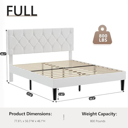Full Bed Frame with Upholstered Tufted Headboard, Pure White, view 3