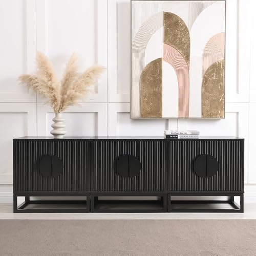 Black Modern Nightstand 24 Inch Tall Nightstand with Solid Wood Doors, Bedroom Night Stand 24 Inch Wide Bedside Table, Mid Century Vintage Fluted Sofa End Side Table Living Room