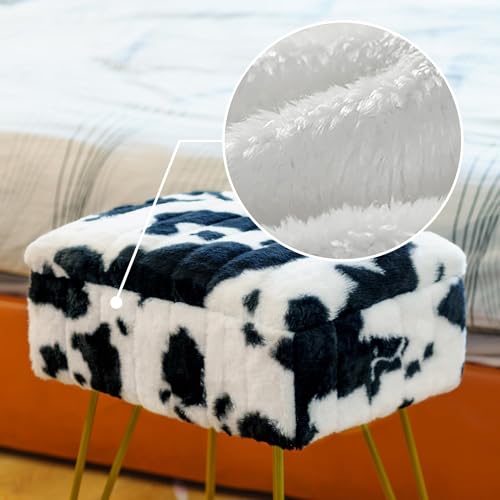 Multifunctional Vanity Stool Chair for Vanity, Padded Seat, Storage Ottoman in Rectangle Fuzzy Fluffy Design, Footrest and 4 Gold Legs for Makeup Room, Bedroom, Living Room, Cow