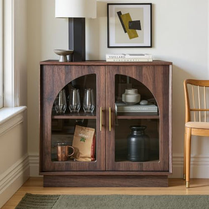 31.5" Sideboard Buffet Cabinet with Storage, Modern Accent Cabinet with Arched Glass Doors and Adjustable Shelves, Console Table Credenza for Living Room Dining Room Entryway, Walnut