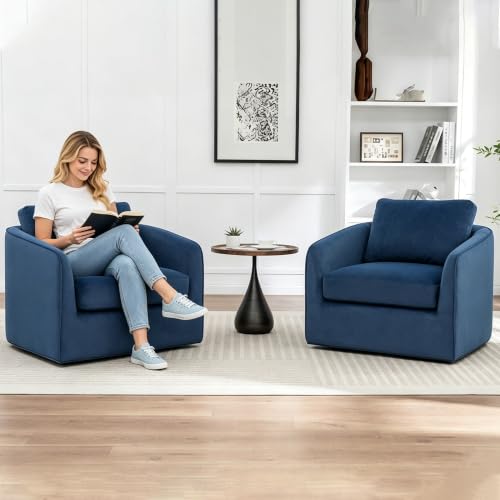 Swivel Accent Chairs Set of 2, Oversized Swivel Barrel Chair with High Density Foam, Velvet Fabric Reading Chairs, Upholstered Armchair for Living Room, Bedroom, No Assembly, Blue