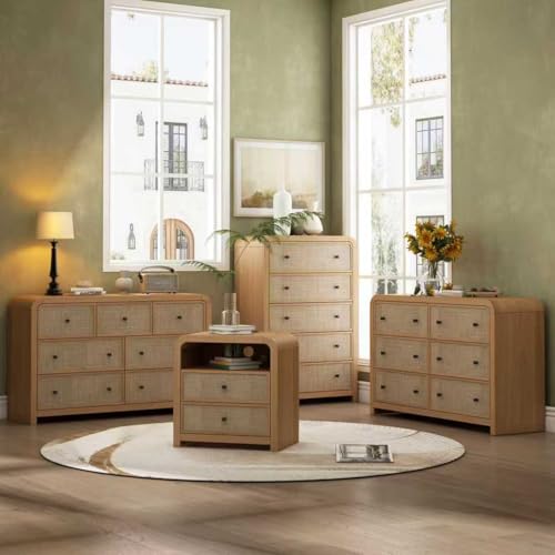 6 Drawer Dresser for Bedroom, 49'' Rattan Dresser with Ample Storage, Boho Chest of Drawers, Thickened Curved Profile Design, Oak Dressers for Bedroom, Living Room