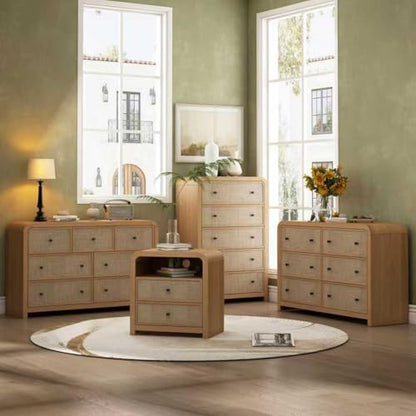 6 Drawer Dresser for Bedroom, 49'' Rattan Dresser with Ample Storage, Boho Chest of Drawers, Thickened Curved Profile Design, Oak Dressers for Bedroom, Living Room