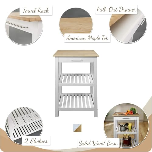 Sunrise Small Kitchen Island Natural White Solid Hardwood Top Compact Rolling Cart Storage Shelves Drawer Durable Stylish Space Saving Modern Prep Station Functional Narrow Kitchen Furniture
