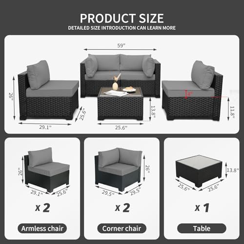 Outdoor 5 Piece Patio Furniture Set, Black Rattan Conversation Couch Resin Wicker Sectional Sofa Outside Chair with Coffee Table, Grey Cushion