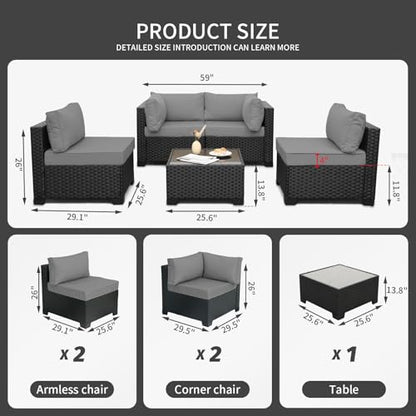 Outdoor 5 Piece Patio Furniture Set, Black Rattan Conversation Couch Resin Wicker Sectional Sofa Outside Chair with Coffee Table, Grey Cushion