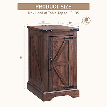 Nightstand with Charging Station, Rectangular Farmhouse End Table with Barn Door and Adjustable Storage Shelf, 17" Deep Wood Rustic Sofa Side Table for Living Room, Bedroom, Brown