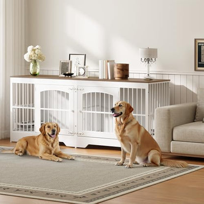 74.8” Dog Crate Furniture for 2 Dogs, Wooden Dog Kennel Indoor with Dog Bowls, view 6