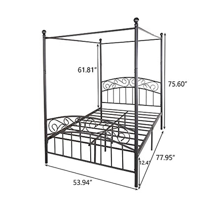 Metal Canopy Bed Frame Four-Poster, Full, Black, view 3