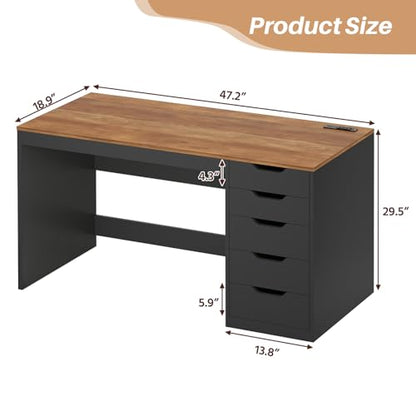 47 Inch Computer Desk with 5 Drawers and Power Outlets, Home Office Desks with Storage File Cabinet, Modern Simple Laptop Desk Writing Table for Small Spaces, Brown and Black