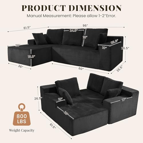 Cloud Sectional Boneless Couches for Living Room, Modular L Shaped Couch with Deep Seat Oversized Left Facing Chaise, Memory Foam Compressed Spineless 3 Seater Sofa for Apartment, Black
