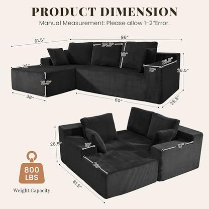 Cloud Sectional Boneless Couches for Living Room, Modular L Shaped Couch with Deep Seat Oversized Left Facing Chaise, Memory Foam Compressed Spineless 3 Seater Sofa for Apartment, Black