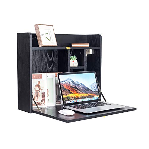 Wall Mounted Table, Multifunctional Fold Down Wall Mounted Laptop Computer Desk with Storage Compartments for Home, Office (Black)