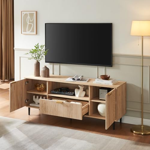 Modern Fluted TV Stand for 65 Inch TVs with Drawer, Oak | Modern fluted TV stand with drawer, storage cabinets, soft-close hinges and cable management, perfect for living rooms.