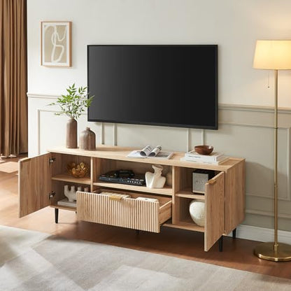 Modern Fluted TV Stand for 65 Inch TVs with Drawer, Oak | Modern fluted TV stand with drawer, storage cabinets, soft-close hinges and cable management, perfect for living rooms.