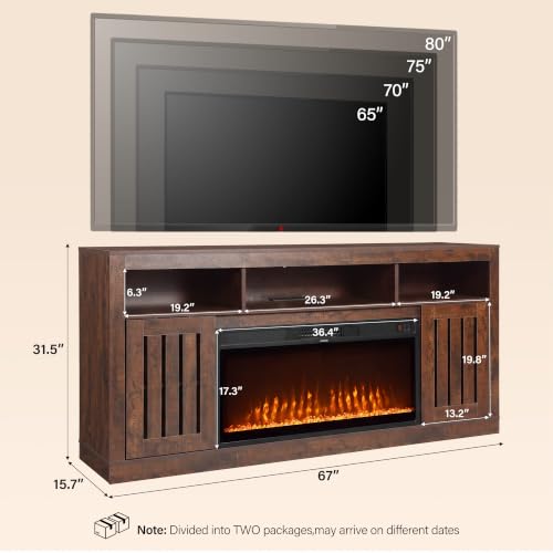 Farmhouse TV Stand with 36" Fireplace, Walnut, view 4