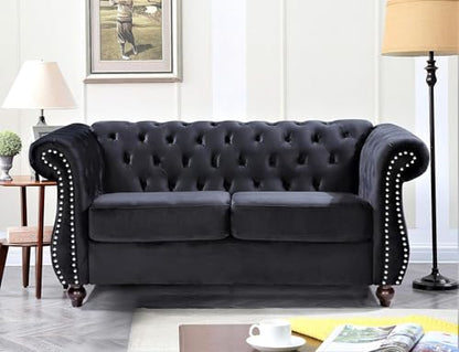 Feinstein Modern Velvet Chesterfield Couches for Living Room with Nailheads, Diamond Tufting & Durable Metal Frame, Loveseat, Black