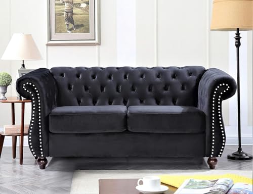 Feinstein Modern Velvet Chesterfield Couches for Living Room with Nailheads, Diamond Tufting & Durable Metal Frame, Loveseat, Black