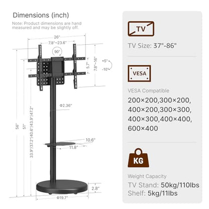 Height Adjustable Rolling TV Stand for 37-86 Inch Screens up to 110 Pounds, Portrait to Landscape, Heavy Duty Mobile TV Cart with Shelf Max VESA 600x400mm, Black