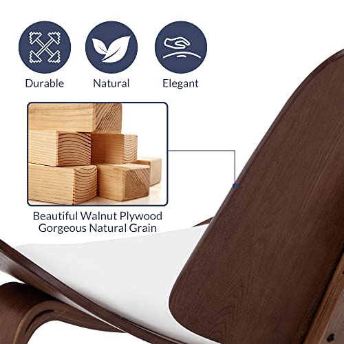 Mid-Century Modern Shell Side Accent Tripod Plywood Lounge Chair Walnut Upholstered Faux Leather, White