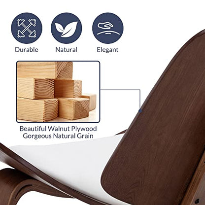 Mid-Century Modern Shell Side Accent Tripod Plywood Lounge Chair Walnut Upholstered Faux Leather, White