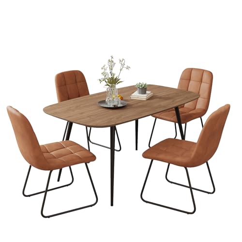47.2'' Dining Table Set for 4,Modern Wood Dining Table,Leather Dining Chairs 4,Table and Chairs Set of 4,Ideal for Kitchen Dining Room (Walnut Color Table + 4 U-Shaped Brown Chairs, 47.2")
