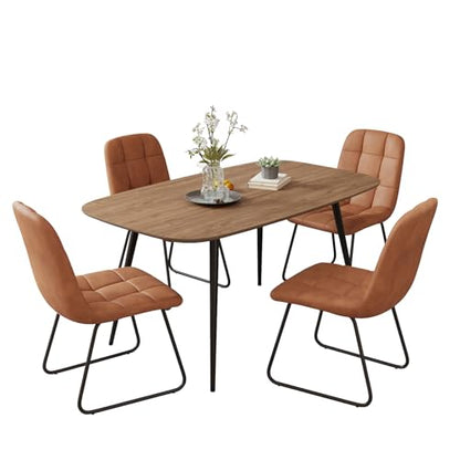 47.2'' Dining Table Set for 4,Modern Wood Dining Table,Leather Dining Chairs 4,Table and Chairs Set of 4,Ideal for Kitchen Dining Room (Walnut Color Table + 4 U-Shaped Brown Chairs, 47.2")