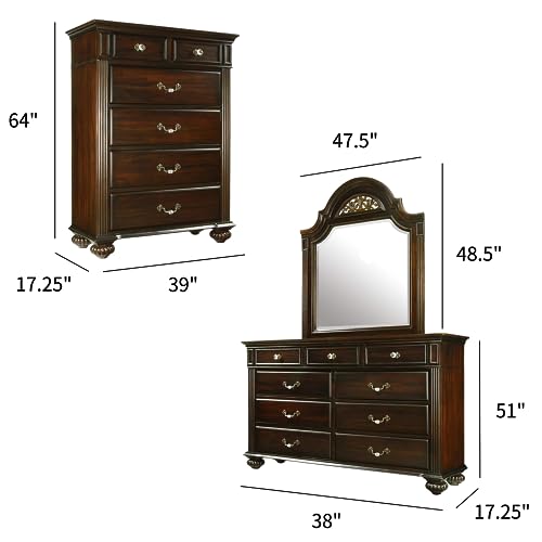 Syracuse 6-Piece Traditional Solid Wood Bedroom Set with Chest, Mirrored-Dresser and 2 Nightstands, Box Spring Required for Bedroom, Guest Room, Queen, Walnut