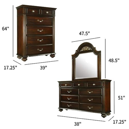 Syracuse 6-Piece Traditional Solid Wood Bedroom Set with Chest, Mirrored-Dresser and 2 Nightstands, Box Spring Required for Bedroom, Guest Room, Queen, Walnut