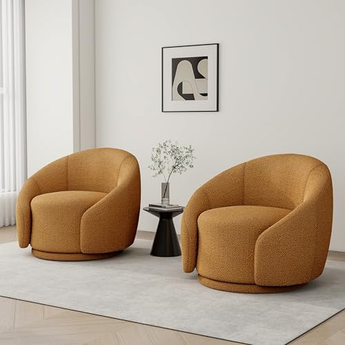 Swivel Barrel Accent Chair, 360° Small Round Sofa Chair, Comfy Modern Reading Armchair for Living Room Bedroom (Boucle Rusted Orange, Set of 1)