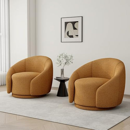 Swivel Barrel Accent Chair, 360° Small Round Sofa Chair, Comfy Modern Reading Armchair for Living Room Bedroom (Boucle Rusted Orange, Set of 1)