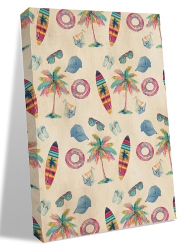 NuYeBiofx Summer Surfboard Coconut Tree Canvas Wall Art Prints,48"x32" Framed Picture Artwork Coastal Vintage Plants Printed Canvas Oil Painting for Living Room Bedroom Office,Ready to Hang