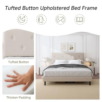 Queen Size Linen Bed Frame with Adjustable Headboard Beige, view 7