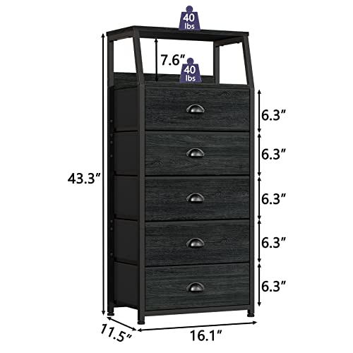 Black Dresser with 5 Drawers, Vertical Storage Tower Fabric Dresser for Bedroom, Hallway, Entryway, Nursery, Closet Organizer, Nightstand Bedside Table Furniture, Sturdy Steel Frame, Wood Top
