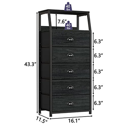 Black Dresser with 5 Drawers, Vertical Storage Tower Fabric Dresser for Bedroom, Hallway, Entryway, Nursery, Closet Organizer, Nightstand Bedside Table Furniture, Sturdy Steel Frame, Wood Top