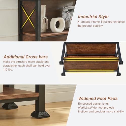 3-Tier Small Bookshelf, 35.4 Inch Short Book Shelf with Sturdy Metal Frame & Wood Shelves, Rustic Brown Industrial Bookcase for Living Room, Bedroom, Office