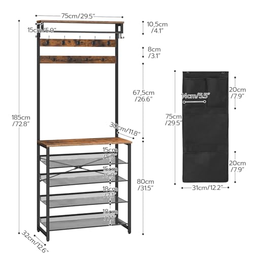 Hall Tree with Bench, Entryway Coat Rack with Shoe Rack, Shoe and Coat Rack, view 4