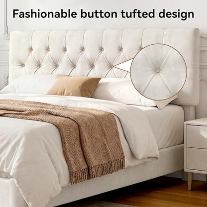 Queen Upholstered Bed Frame, White Velvet Cloud Platform Bed, view 7