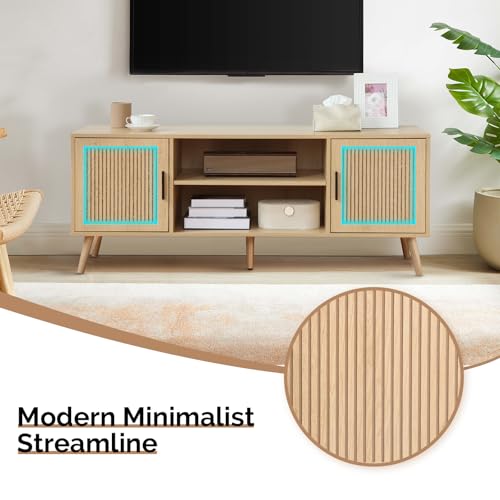 Modern TV Stand for 65 Inch TV, Entertainment Center with 2 Storage Cabinets and Adjustable Shelf, Solid Wood Feet, 4 Cord Holes, Groove Stripe Media TV Console Table for Living Room Bedroom (Natural)