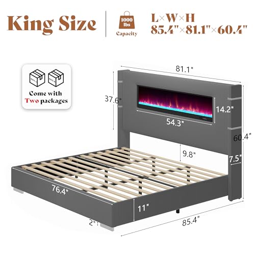 Dark Gray King Bed Frame with Upholstered Headboard, view 3