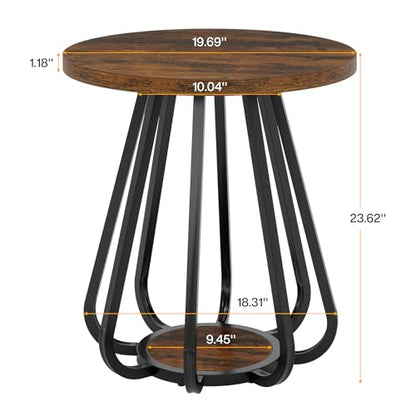 Tribesigns Round End Table with Storage, 2-Tier Side Table with Metal Frame and Lower Shelf, Small Accent Table Nightstand for Living Room, Bedroom, Small Spaces, Vintage Brown & Black