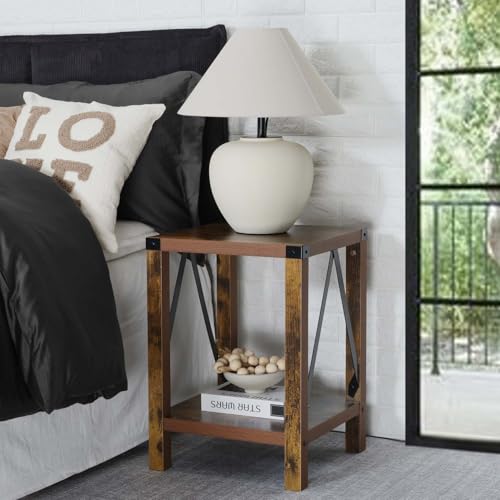 22'' End Table with 2-Tier Storage Shelf, Square Side Table for Small Spaces, Couch Bedside Table, Rustic A-Design Nightstand Sofa for Living Room, Bedroom, Apartment (2,Brown)