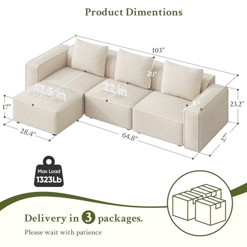 103" Modular Sectional Sofa, Minimalist Comfy Cloud Couch Sectional, Tool-Free Setup Couches for Living Room, Wood Frame l Shaped Couch with Ottoman, 22" Deep Seat Chenille Cloud Sofa