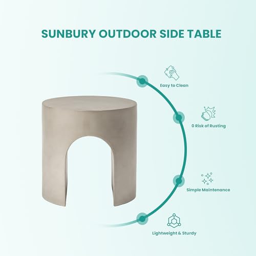 Outdoor Side Table, 16" W Concrete End Table w Arch Shape, Round Cement Accent Table Lightweight for Patio, Modern Decorative Garden Stool for Patio, Backyard, Grey