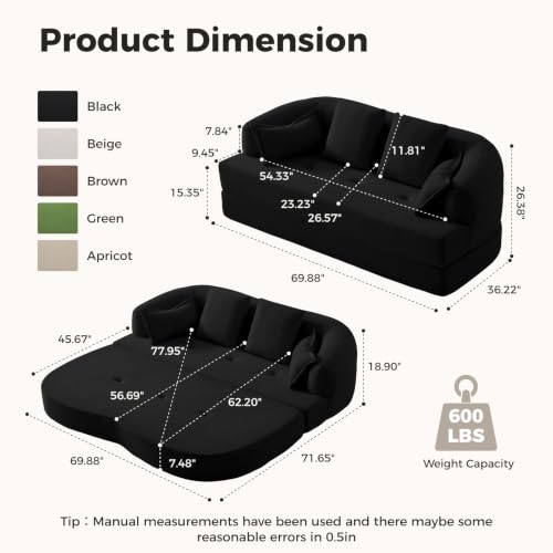 70" Convertible Sofa Bed, 2-in-1 Boneless Sleeper Sofa, Soft Chenille Folding Sofa Loveseat with 4 Pillows, Love Seat Small Couch for Small Spaces, Living Room, Bedroom, No Assembly