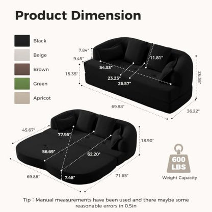 70" Convertible Sofa Bed, 2-in-1 Boneless Sleeper Sofa, Soft Chenille Folding Sofa Loveseat with 4 Pillows, Love Seat Small Couch for Small Spaces, Living Room, Bedroom, No Assembly
